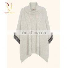 Fashion Women's Turtleneck Cashmere Cable Knitted Poncho With Fur
