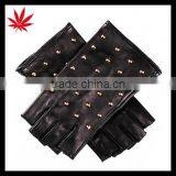 Ladies Black Fashion Fingerless Leather Gloves With Gold Studs thumbnail-1