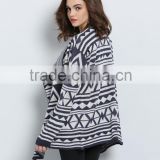 Sweaters fashion women Tops Blue White Long Sleeve Geometric Print Sweater