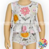 Hot 2 Pcs Flower Print Baby Swim Suit Kids Cotton Tops And Bloomers Swimsuits Boutique Girls Bikini Swim Wear Clothes Set