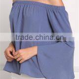 MGOO New Custom Designs Plain Blue Blouses Off Shoulder Long Sleeves Flare Opening Fashion Viscose Blouses thumbnail-6