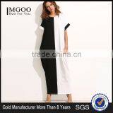 Colorblock Pocket Short Sleeve Maxi Dress 100% Cotton Two Color Contrast Sewing Casual Tee Dress thumbnail-1