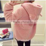 2016 Fashion Lovely Womens Korean Winter Warm Plush Rabbit Ears Hooded Thick Elastic Waist Jacket Ladies Fur Coats thumbnail-2