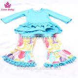 Ruffle Hem Blue Top With Owl Animal Prints Ruffle Pants Outfits Set Toldder Girl Clothing Set LBYTZ001-37 thumbnail-1