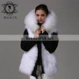 Fashion Women Black Jacket With Raccoon Collar And White Fox Fur Coat thumbnail-5