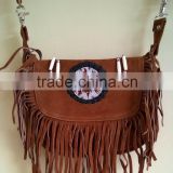 2015 Fashion stylish Real-Handmade-Western-Style-Suede-Leather-Beaded-Ladies-Shoulder-Bag-Fringed Chocolate Brown color