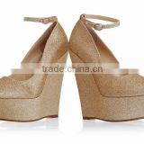 2016 gold color designer peep toe wedges sandals