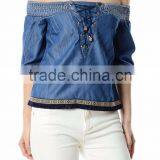 Latest Design off Shoulder Smocking Chambray Woman Tops thumbnail-3