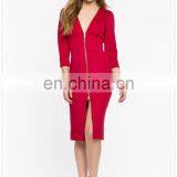 China Fashion Cheap Sexy 3/4 Sleeves Zip Front Midi Bodycon Dress for Women thumbnail-2