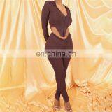 Long Sleeve Solid Cardigan Hooded Top Sexy Low Neck Bellybutton Tight Pants Stacked Suit Women Two Piece Set thumbnail-5