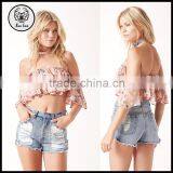 Designer Western Tops Images Women Off Shlouder Pink Floral Pattern Ruffle Crop Tops thumbnail-1