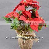 RED ARTIFICIAL VELVET POINSETTIA FLOWER BUSH X 6 W/6 PCS POINSETTIA FLOWER HEAD ON BURLAP PLANTER thumbnail-1