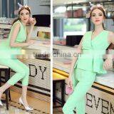 New Summer V Neck Green Color Ruffled Top With Slim Fitted Top and Pants Suit Fashion Matching Set thumbnail-5