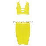 Top Quality Yellow 2 Piece Above Knee Mini Bandage Dress Night Club Party Slim Dress thumbnail-1