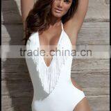 Sexy Tassel Solid Color Piece Swimsuit Plain V-neck Tassel Bikini Swimsuit thumbnail-2