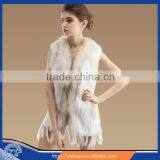 New 2015 Long Style Real Women Knitted Raccoon Collar Rabbit Fur Vest With Tassels