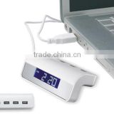4 Port USB HUB with LED Backlight LCD Alarm Clock Time Display
