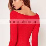 MGOO High Quality Long Sleeves Bardot Bodysuits Slash Neck Cold Shoulder Tops Women Tops Rib thumbnail-6