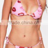 MGOO Fashion Pink Lip Print Bikini Set Poly Stretchy Fabric Sexy Minimal Design Swimwear Triangle Gathered thumbnail-3
