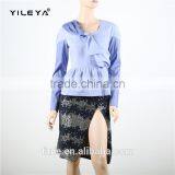 Long Sleeve Blue Women Blouse Patch Work Designs With Bow in Front thumbnail-1