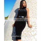 Amigo 2017 New Design Sexy Black 100% Cotton Halter Slit Full Hot-fix Rhinestone Evening Dresses for Ladis Party Wear thumbnail-1