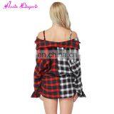 High Quality off Shoulder Stitching Plaid Latest Fashion Korean off Shoulder Blouse thumbnail-5