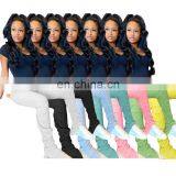 2020 Elastic Summer Stacked Leggings High Waist Sweatpants Women Joggers Bell Bottom Trouser Split Hem Flare Ruched Pant thumbnail-3