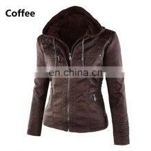 Customized Wholesale Plus Size Women's Detachable Hooded Leather Jacket Coat Top Motorcycle Jacket PU Pilot Motorcycle Suit thumbnail-4