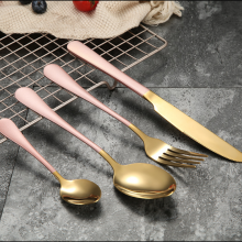 Elegant Stainless Steel Matte Gold Plated Dinner Fork Spoons Knife Flatware Set With Red Colored Handle thumbnail-4