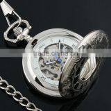 WP028 New Mens Silvered Stainless Steel Case White Dial Hand-Wing Up Mechanical Pocket Watch with Chain