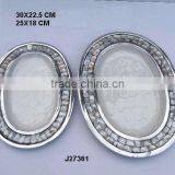 Cast Aluminum Oval Tray With Food Safe Enamel and Mother of Pearl Mosaic Border
