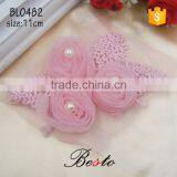Fashion pearl center pink rose organza dress applique for baby girl