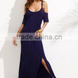 Woman Navy Pocket Cold Shoulder Split Maxi Dress thumbnail-4