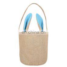 Spring New Update Easter Decor Burlap Bags Jute Tote Bag Easter Baskets Toy Buckets With Bunny Pompom Tail Kids Tote Basket thumbnail-2