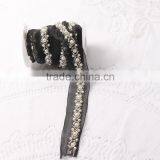 Handmade Rhinestone Pearls Beaded Sew on Black Lace Trimming for Garment Decoration