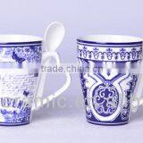 Blue and white ceramic mug with spoon