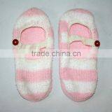 Polyester Pink White Striped Fuzzy Buttons no Slip Socks thumbnail-1
