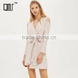 Belted Cold Shoulder Long Sleeve Coat Style Blazer Dress for Women thumbnail-1