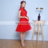 Elegant High Neck Sweet Red Capped A Line Knee-lemgth Tulle Backless Sequins Appliqued Evening Dress thumbnail-3