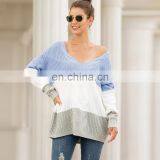 Girls Stylish Deep V Neck Drop Shoulder Colors Computer Knitted Women Loose Fit Pullover Sweater thumbnail-5