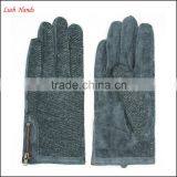 Fashion Ladies Back Dark Green Fabric and Palm Sheep Suede Gloves With Side Zipper thumbnail-1
