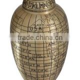 Hand Engraved Global Map Solid Brass Cremation urn.