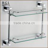 Multi-functional China Manufacture Zinc Alloy Chrome Plated Bathroom Accessories Wall Mounted Double Glass Shelf