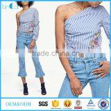 2017 Latest Design Embroidried Cotton Stripe One Side Shoulder Sexy Top for Clothing Women thumbnail-1