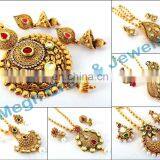 South Indian Long Pendant Necklace Set-Antique Gold Plated Oversize Pendant Set-Designer Exclusive Indian Jewelry Wholesale thumbnail-3