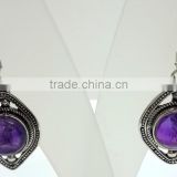 Amethyst Purple Round Cabochon Earrings, 925 Solid Sterling Silver Earrings, Designer Natural Gemstone Drop Earrings