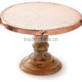 copper hammered top wood base cake stand