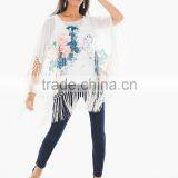 Women's Sheer Print Chiffon Tassels Poncho Tops thumbnail-1
