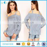 Black and White Stripe off Shoulder With Strape Long Sleeve Frills Blouse Women Design thumbnail-1