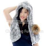 CX-C-242F Ladies Hand Knit Rex Rabbit Fur Hooded Scarf Winter Hats Women thumbnail-3